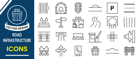 Road Infrastructure icon set. Set of 24 outline icons related to road infrastructure.  Street, Traffic, Transport, Sign, Map, Urban, Parking, Direction icon. Vector illustration.