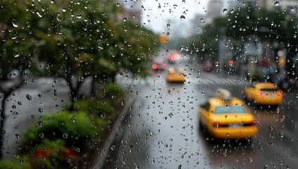 Rainy City Street View Through a Window.
