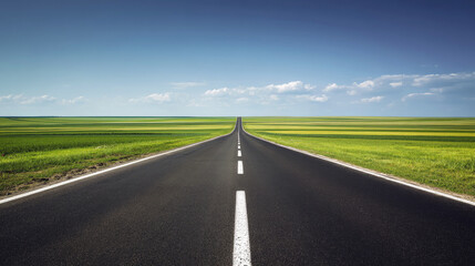 Fototapeta premium Straight empty road stretching to the horizon through green fields under a clear blue sky, symbolizing journey, freedom, travel, and endless possibilities.