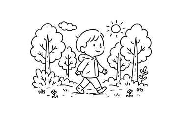 handdrawn cute doodle style walking forest vector line illustration