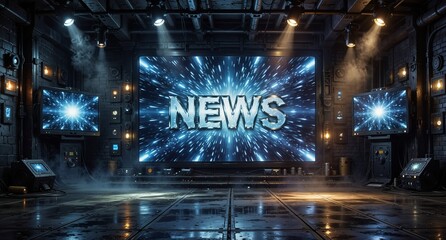 futuristic news studio with vibrant blue screen and dramatic lighting for broadcast or virtual production.