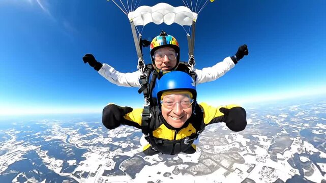 Two skydivers jump from airplane above snowy landscape with yellow parachute in bright sky