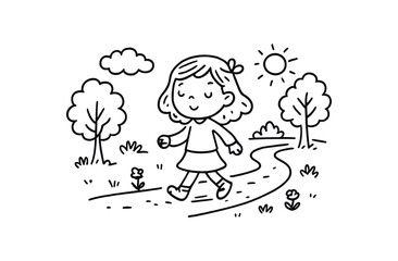 handdrawn cute doodle style walking park path vector line illustration