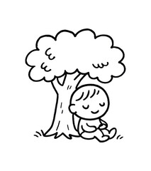 handdrawn cute doodle style sitting under tree vector line illustration