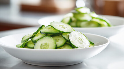Fresh cucumber slices served in a white bowl on a bright surface, emphasizing healthy eating, freshness and minimalist food presentation.