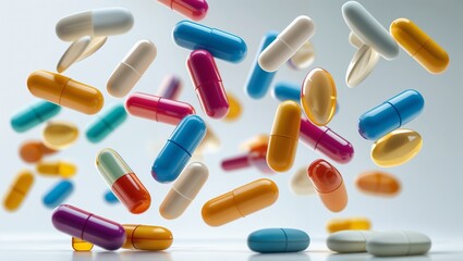 Multicolored medicine capsules falling on reflective surface.