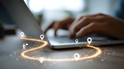 Close-up of hands typing on laptop with glowing digital map route and location pins overlay, concept for online navigation and digital journey planning.
