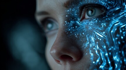 The fragile intersection of reality and perception. Neural networks. Woman's dual personality: a study in black background contrast. Digital intelligence. Intelligent design.