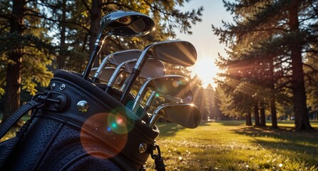 golf clubs in bag at sunrise on lush green course with sun flare