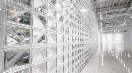 Modern interior with glass block wall and polished floor reflecting bright white ceiling lights in a minimalistic architectural space.