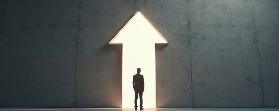 Businessman stands before bright, glowing arrow shape exit in dark concrete wall. Looks up at shining light, contemplating future path. Abstract image means success, growth, opportunity, new