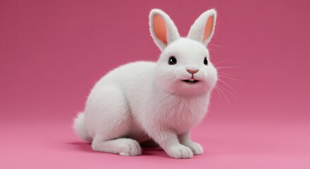 Obraz premium Cute Easter White Bunny Sitting and Smiling on Pink Background Adorable Spring Holiday Concept.
