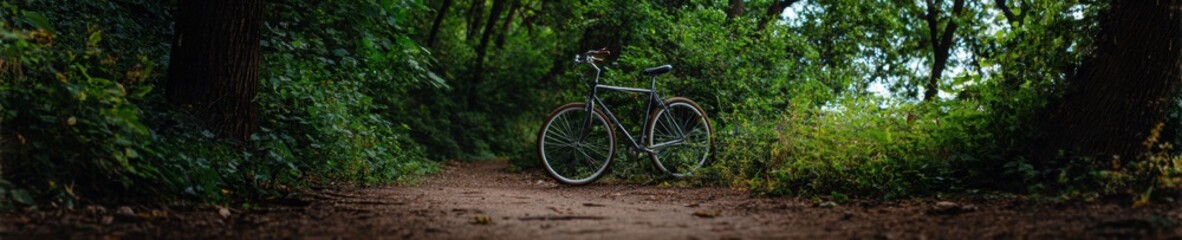 Fototapeta premium Tranquil bicycle resting spot amid lush greenery on a serene forest path