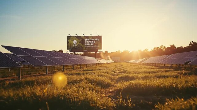 Golden hour illuminates a vast solar farm, emphasizing renewable energy and environmental sustainability
