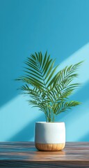 Small potted palm plant in a white pot against a light blue wall.