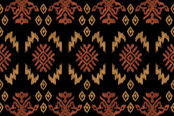 Brown Geometric Tribal Ikat Pattern on Black Background. Motifs African boho paisley Floral Ikat embroidery border. Ethnic ikat floral Ethnic Indian Pattern. perfect for fabric prints, wallpapers