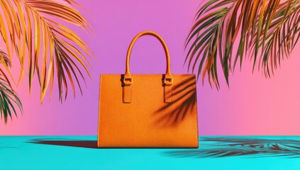 Orange Leather Tote Bag Against a Vibrant Background with Palm Leaves.