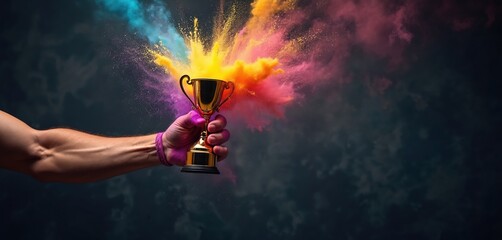 Hand grasps gold trophy against dark backdrop exploding with vibrant colored powder. Image achievement success, victory after intense competition. Represents triumph, reward for hard work.