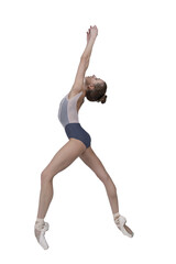 ballerina with beautiful feet poses in a photo studio, a ballerina in a leopard walks with her arms up
