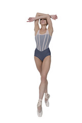 ballerina with beautiful feet poses in a photo studio, a ballerina in a leopard walks with her arms up