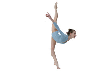 ballerina with beautiful feet poses in a photo studio, shows vertical splits in leotard and pointe shoes