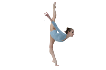 ballerina with beautiful feet poses in a photo studio, shows vertical splits in leotard and pointe shoes