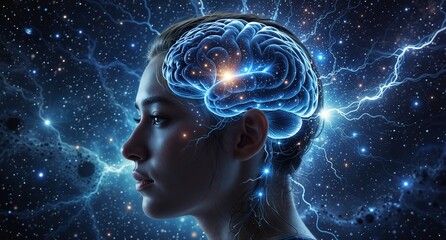 a woman's profile with a glowing brain overlay representing thought, intelligence, and the cosmos.