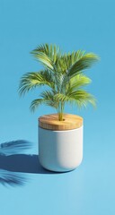 Palm Tree in Modern Planter Against a Blue Background.