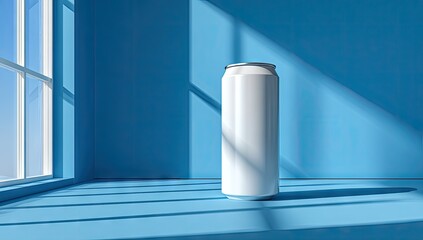 White Aluminum Beverage Can on Blue Wooden Surface by Window.