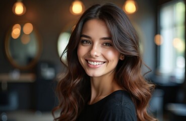 Obraz premium Young woman with perfect white smile in beauty salon. Happy female client with long wavy hairstyle after haircut. Girl enjoys pro hair care in hairdresser studio. Satisfied with styling, looks at