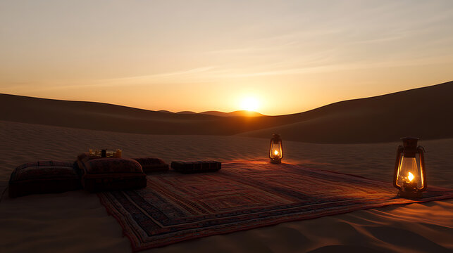 Sunset illuminates a tranquil desert scene.  Ornate lanterns and plush cushions rest on a patterned rug, offering a serene oasis amidst the rolling dunes.  A peaceful retreat.