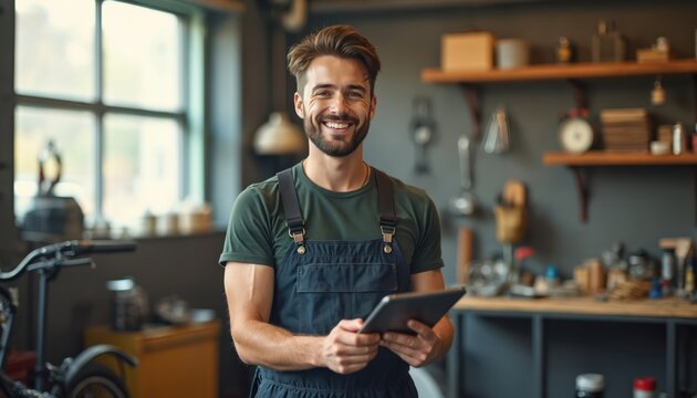 Happy male mechanic smiles, holds tablet in modern workshop. Young man in overalls works at bike repair shop, uses tech for service. Manages client orders, stock. Good for small business, craft,