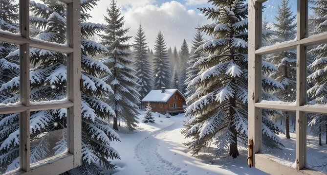 cozy winter cabin viewed through open window with snow covered pine trees and a path in the forest. - Powered by Adobe