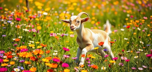 A playful kid goat frolics amidst vibrant wildflowers in a sun-drenched meadow,  countryside,  field