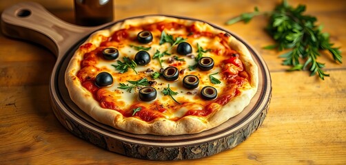 A rustic wooden board holds a cheesy pizza topped with olives,  dinner,  lunch