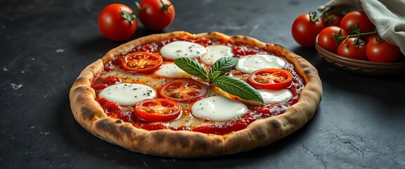 A rustic Italian Margherita pizza, bubbling mozzarella and ripe tomatoes on a dark stone surface,  stone,  recipe
