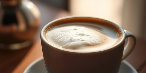 Close-up of coffee with fluffy milk foam, morning light,  texture,  coffee shop