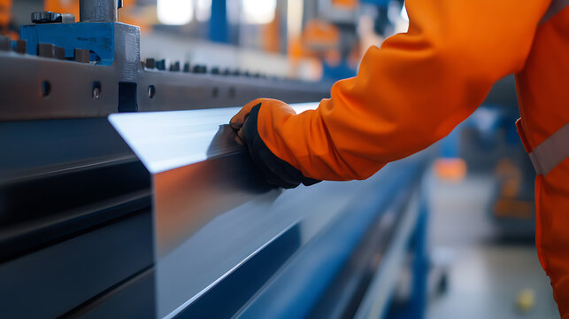 Metal bending process in manufacturing. A gloved hand guides a sheet of metal into a machine press. Precision work and industrial automation in action! #manufacturing