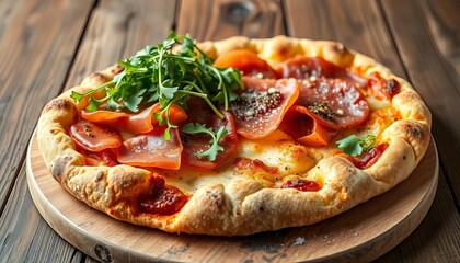 Crispy pinsa romana topped with prosciutto and arugula on rustic wooden table, pizza, closeup