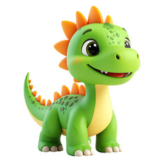 A cute, smiling, cartoon dinosaur with green scales and orange spikes, clipart, isolated on a transparent background.