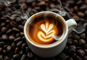 Dark roasted coffee, swirling steam, crema detail,  steamy,  cafe