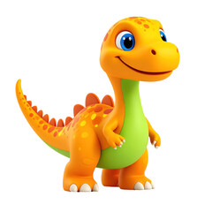 A friendly, cartoonish orange and green dinosaur with big blue eyes, smiling, clipart, isolated on a transparent background.