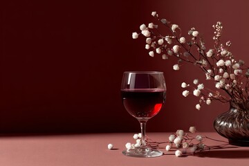 Deep red beverage rests beside delicate white blossoms in a moody still life