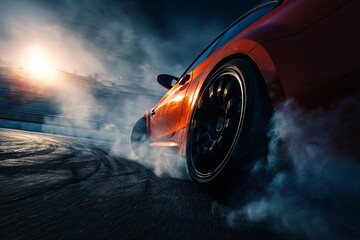 High performance sports coupe executes tire smoking drift maneuver on asphalt track under dramatic lighting