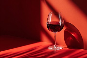 Single glass of dark beverage rests against a vibrant red background illuminated by strong directional light