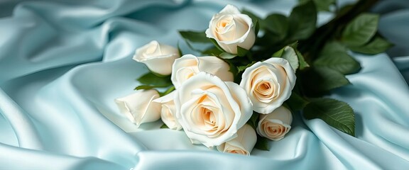 Delicate white roses nestled on soft light blue silk Ample copy space, background texture, bridal