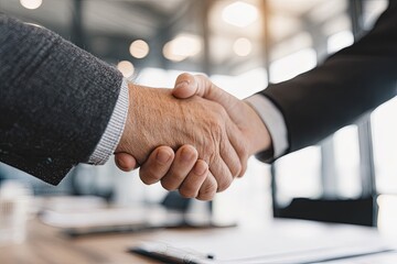 Close up shows two individuals completing a professional agreement with a handshake indoors