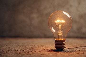 Glowing incandescent light bulb rests on a textured surface with a muted background