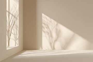 Minimalist interior space displays soft natural light and shadow patterns from outside foliage.