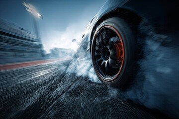 Sports vehicle executing a dramatic burnout on an asphalt track with motion blur effects